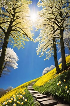 spring, white yellow flowers flowering trees nature park forest plants flora sun lights alt generate ai. High quality illustration blue sky landscape background vertical format poster image