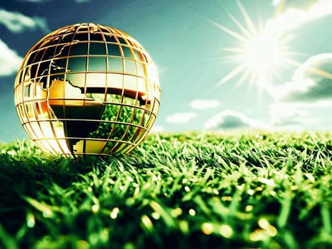 golden globe green grass blue sky ecology climate nature sun light landscape earth planet generated ai alt illustration background image wallpaper . High quality 3d illustration