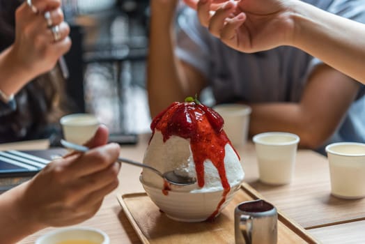 Bingsu or Bingsoo (Patbingsu) is a popular Korean shaved ice dessert with sweet toppings that may include chopped fruit, condensed milk, fruit syrup, and varieties with ingredients