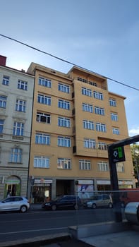 October 15 2024 Prague Czech Republic Europe Apartment building street architecture cars evening travel . High quality photo