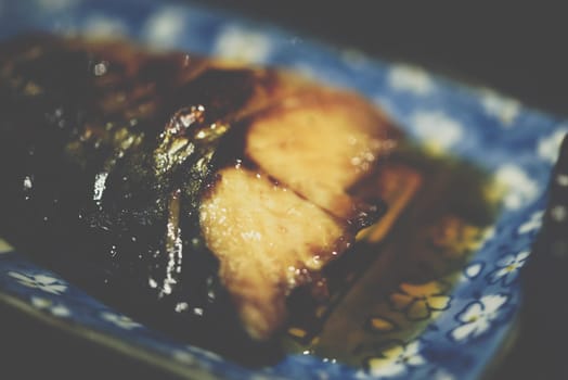 Saba fish grilled soy sauce (Saba Teriyaki) for sale at Thai street food market or restaurant in Thailand