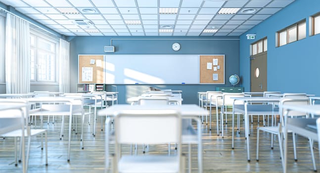 Modern school classroom  white desks whiteboard nobody. 3d
