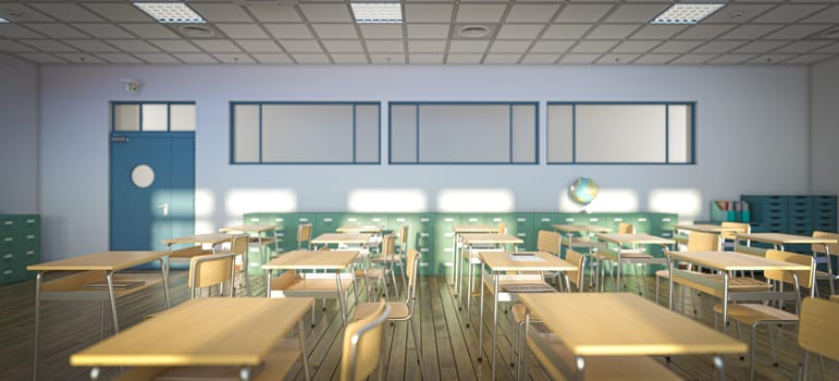 3d empty classroom,  wooden desks and chairs, learning concept