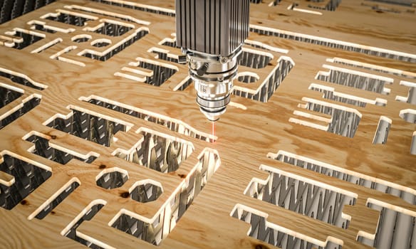 Industrial laser cutter engraving wood 3d background