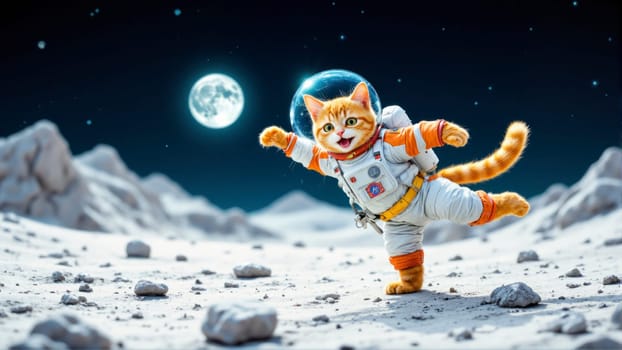 A cat in a space suit is playing with a ball in a snowy, rocky landscape. The image is whimsical and playful, with the cat's space suit and the ball adding a sense of adventure and fun to the scene