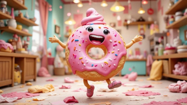 A cartoon character in a pink donut is jumping in a messy room. The room is filled with various objects such as a bowl, a cup, a spoon, a bottle, and a cake. The scene gives off a playful