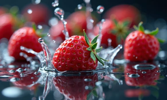 A close up of a red strawberry with water droplets surrounding it. The water droplets create a sense of movement and freshness, while the strawberry itself is a symbol of health and vitality