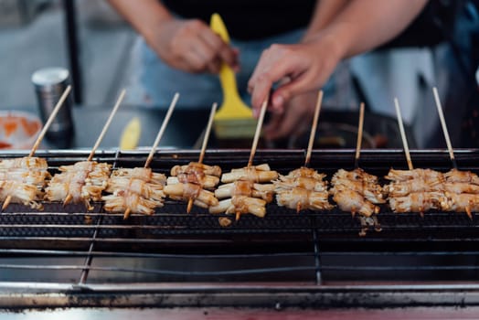 Mala is Grilled meat (Beef, Pork, Chickens or Mushroom) with chilli sauce and chinese hot spicy herb (Sichuan Pepper) for sale at Thai street food market or restaurant in Bangkok Thailand