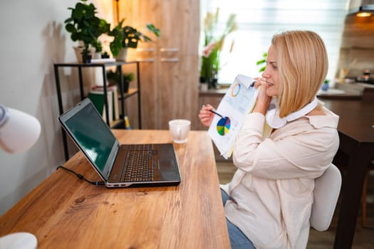 Woman presents colorful charts during a video call in her stylish home office.
