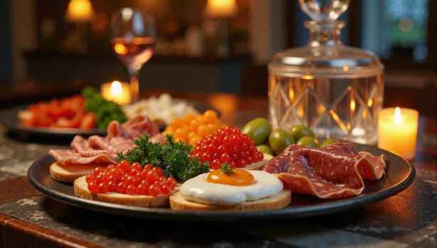 A black plate with a variety of meats and vegetables, including a ham, a piece of bread with red caviar, and a piece of toast with an egg on top. The plate is set on a table with a candle