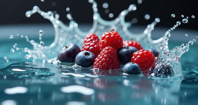 A splash of water with a bunch of berries floating on top. The water is blue and the berries are red