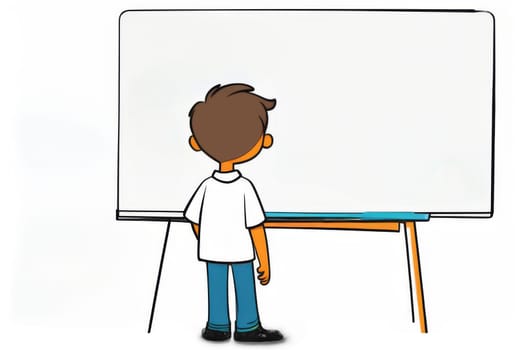 A boy stands with his back to the school white board and writes on it.