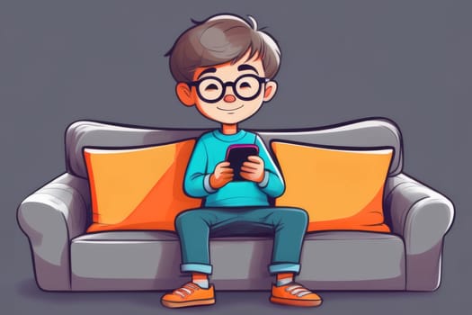 A boy wearing glasses sits on a gray sofa and looks at a smartphone
