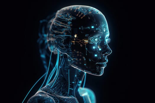 Close-up of a robotic face with a digital brain and glowing eyes, representing artificial intelligence and big data processing. Technology background concept. AI Generative.