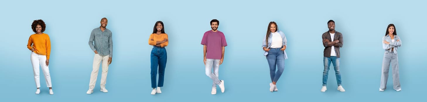 Set of full length studio shots of happy positive stylish multiracial young men and women posing on colored blue background, panorama, web-banner, collage. Millennials lifestyle concept