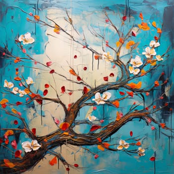 Tree branch with freshly blossomed red and white flowers on a blue background isolated texture drawing with a palette knife AI