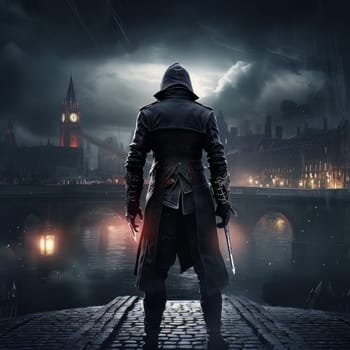 Criminal fairy-tale villain in black hood armed with knives on the shore of the embankment against the backdrop of a big city with a chapel and a bridge in the English style with his back in the frame AI