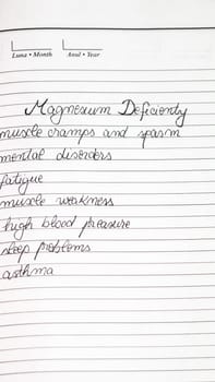 Handwriting text magnesium deficiency symptoms on page of office agenda. Copy space.