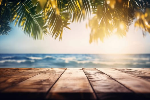 Experience a serene coastal living with picturesque scenery, tropical palm trees and ocean waves. Wooden table. AI Generative.