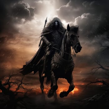 The horseman of the apocalypse riding black horse against a background of hell and scorched earth. Biblical religious theory of the end of the world. AI