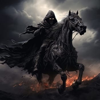 The horseman of the apocalypse riding black horse against a background of hell and scorched earth. Biblical religious theory of the end of the world. AI