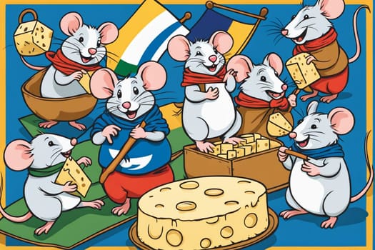 mice eating cheese in a party comic illustration allegory with blue background and flags