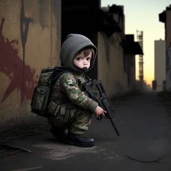 sad baby soldier guarding the front, combat position, green garment , weapons, urban decay, sunset, ai generative art .