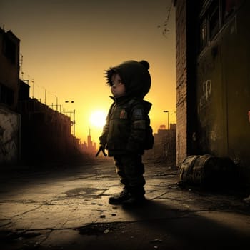 sad baby soldier guarding the front, combat position, green garment , weapons, urban decay, sunset, ai generative art .