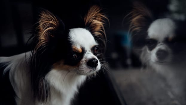 Dog so cute chihuahua breed brown and white color sitting and looking at something with interest