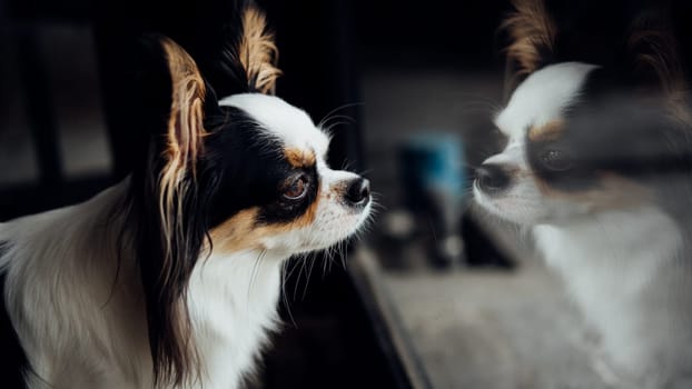Dog so cute chihuahua breed brown and white color sitting and looking at something with interest