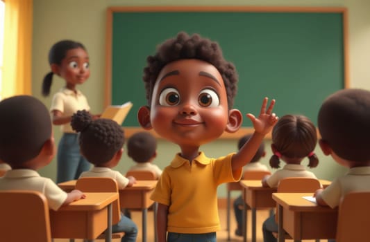 African boy with raising his hand in elementary school class for answer