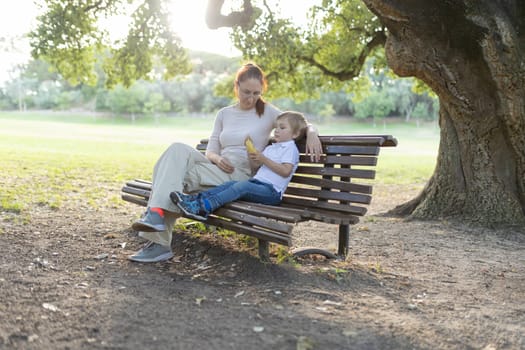 Mother and her son are enjoying a peaceful moment together on a park bench, bathed in the warm glow of the setting sun