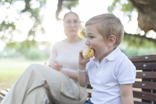 Little boy enjoying a muffin outdoors on a bench while talking with his mother, out of focus in the background