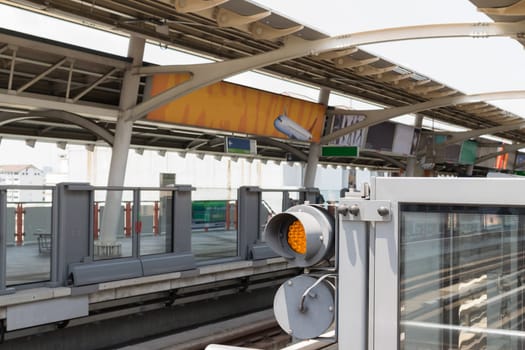 Skytrain train runs in Bangkok. Many people in Bangkok used skytrain to save time.