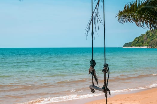 Landscape of travel place with nature at a beach and tropical sea with blue sky and have a outdoor swing use for relax in happy vacation