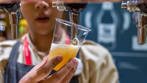 Barman or bartender pouring a draught lager beer from beer tap on counter for serving in a restaurant or pub.