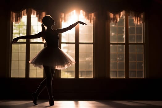Silhouette of beautiful classical young ballerina standing by the window in light and shadow in ballet studio