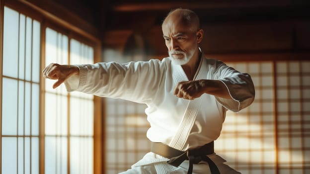 Calm, focused Asian mature man practicing martial arts, karate in gym, soft light