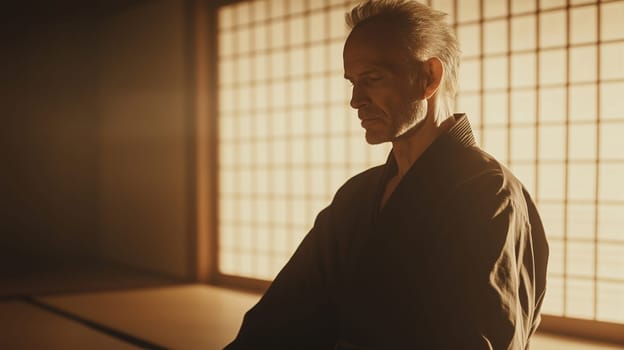 Calm, relaxing mature man practicing martial arts, sitting meditates in serene room, gym, soft sunny light in the background