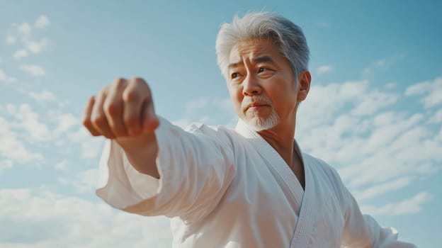 Calm, focused Asian mature man practicing martial arts, karate outdoors, sky with sunset in the background