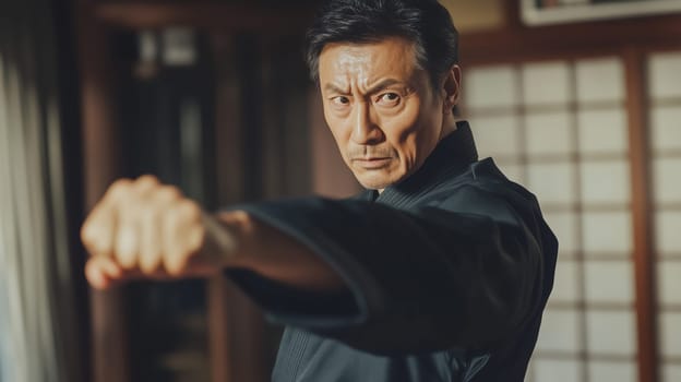 Focused Asian mature man practicing martial arts, karate in gym