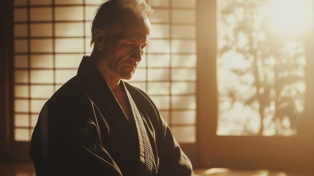 Calm, relaxing mature man practicing martial arts, sitting meditates in serene room, gym, soft sunny light in the background