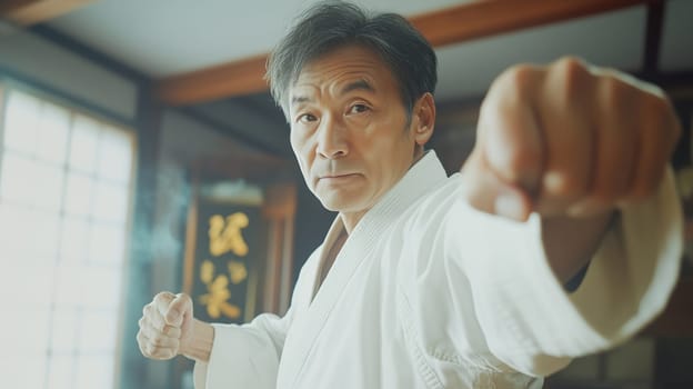 Focused Asian mature man practicing martial arts, karate in gym