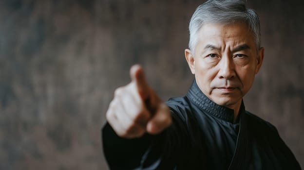 Calm, focused Asian mature man practicing martial arts, karate on studio background