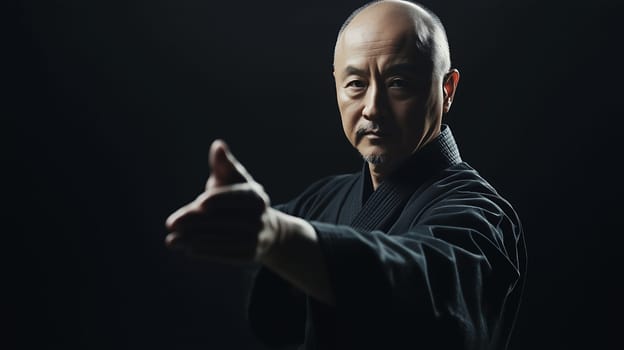 Calm, focused Asian mature man practicing martial arts, karate on studio background