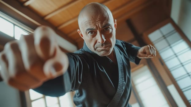 Focused Asian mature man practicing martial arts, karate in gym