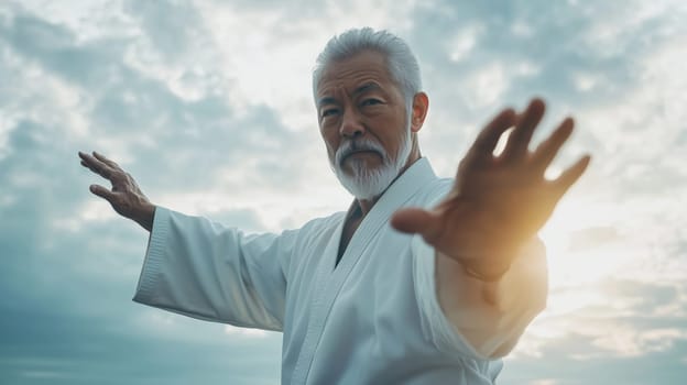 Calm, focused Asian mature man practicing martial arts, karate outdoors, sky with sunset in the background