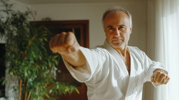 Focused mature man practicing martial arts, karate in gym
