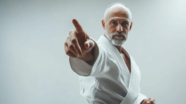Calm, focused mature man practicing martial arts, karate on white studio background