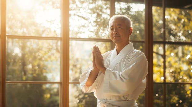 Calm, focused Asian mature man practicing martial arts, karate in gym, soft sunny light in the background